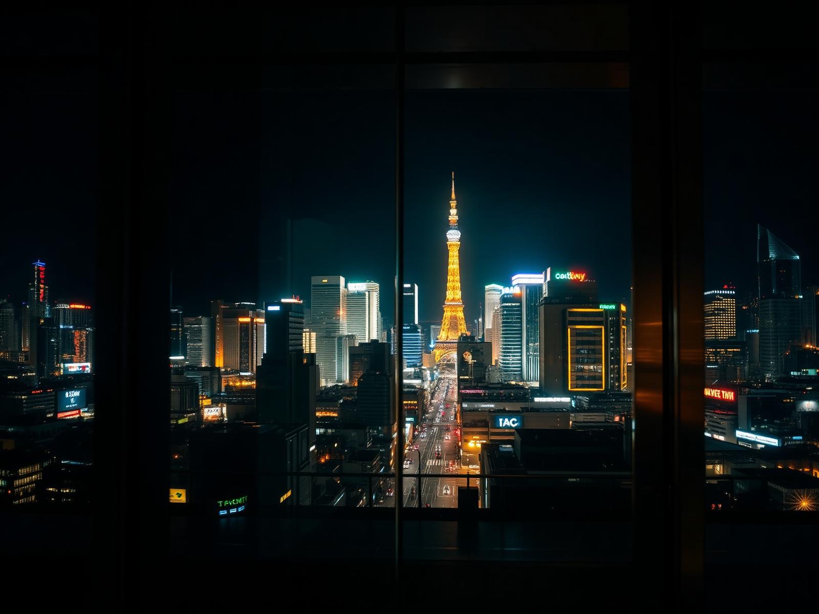 Tokyo at night, seen through glass